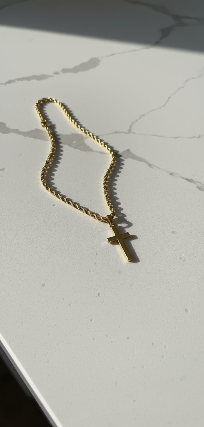 20 Inch Gold Cross Necklace on White Counter