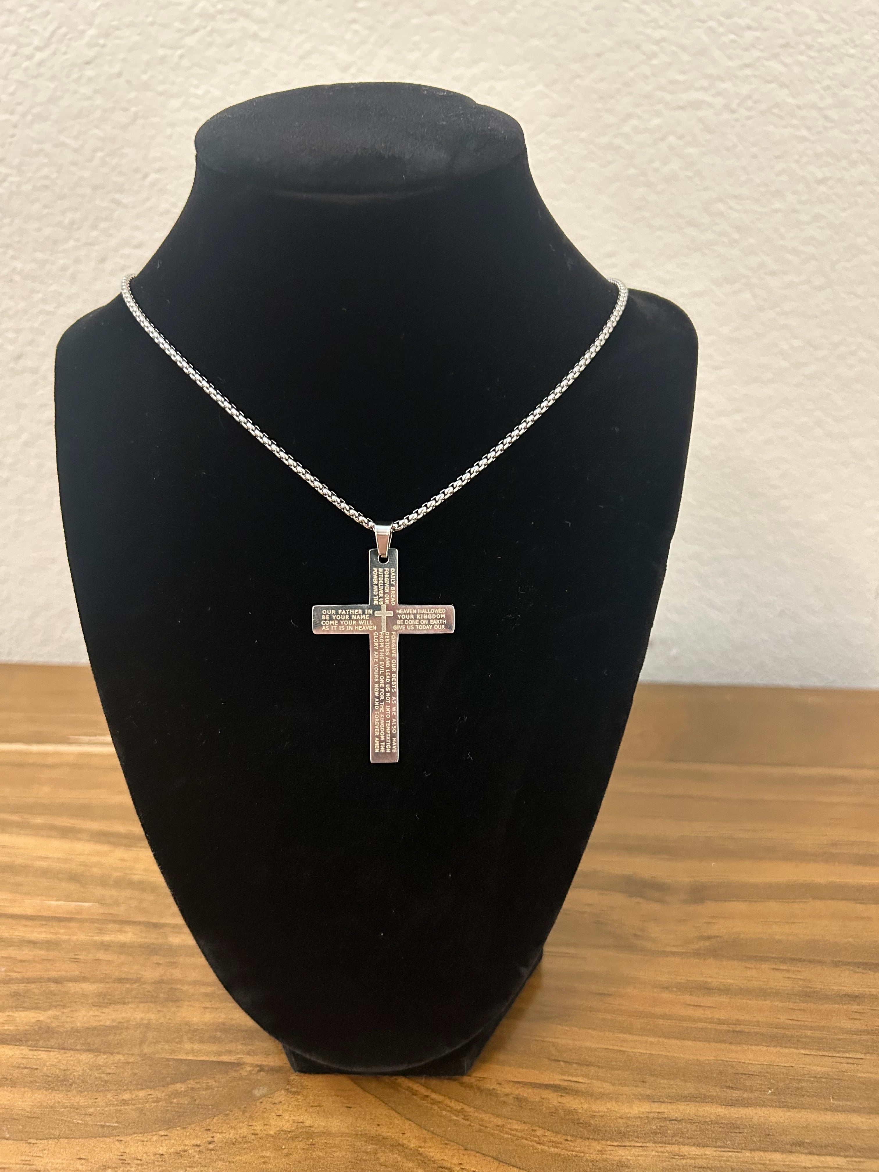 23 inch Silver Bible Verse Cross Necklace