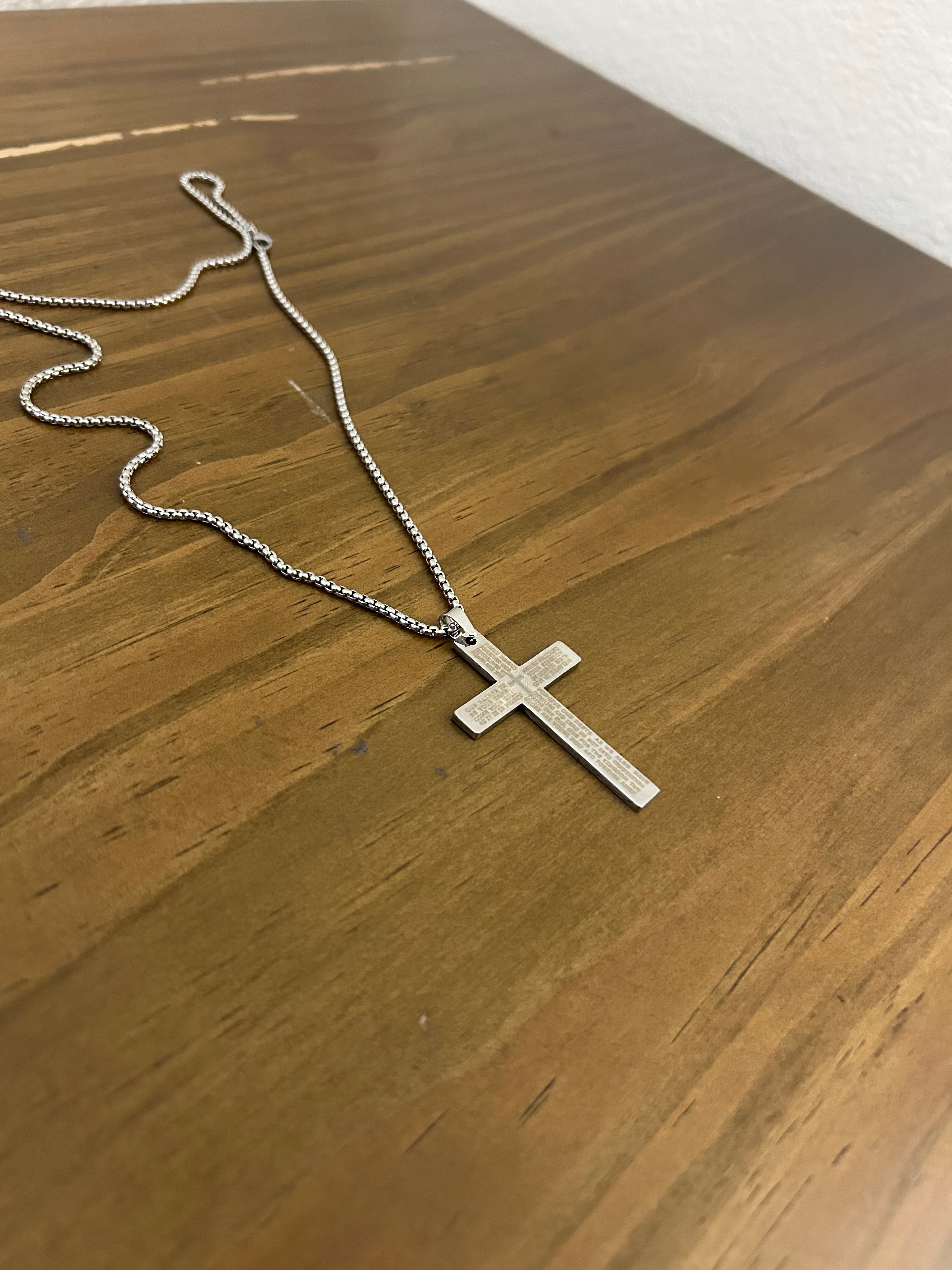 23 inch Silver Bible Verse Cross Necklace