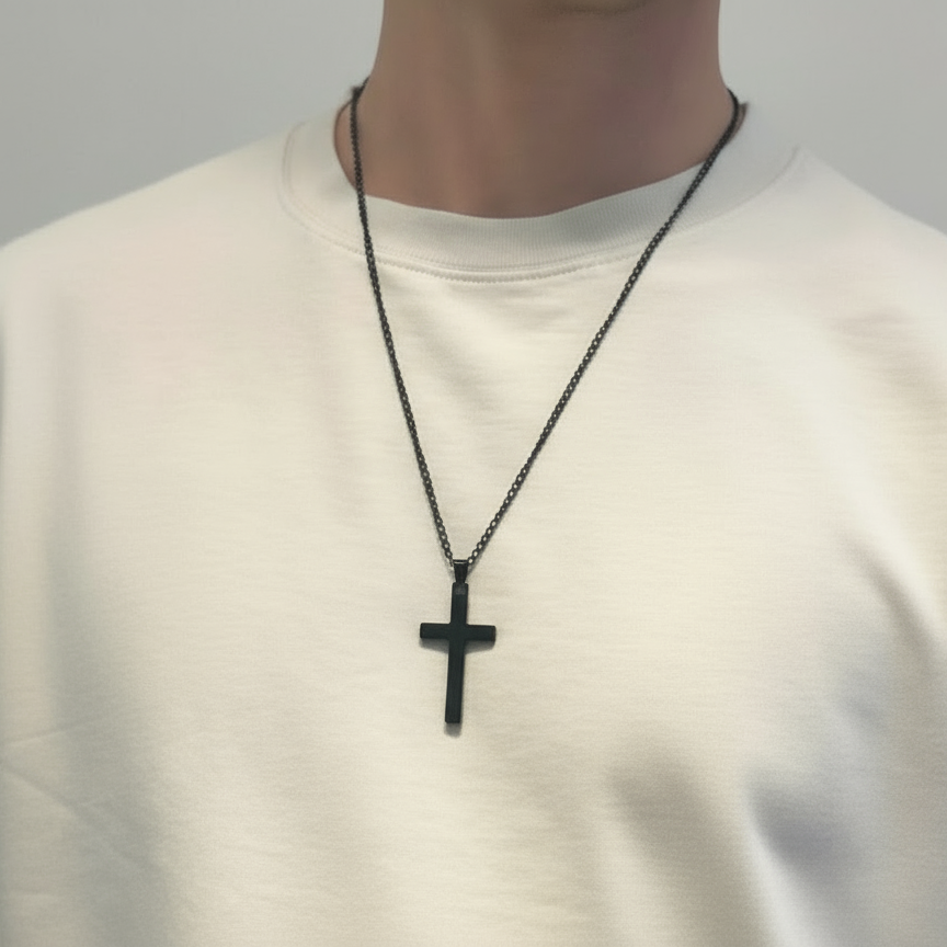 Black Cross Necklace on Plain White T-Shirt