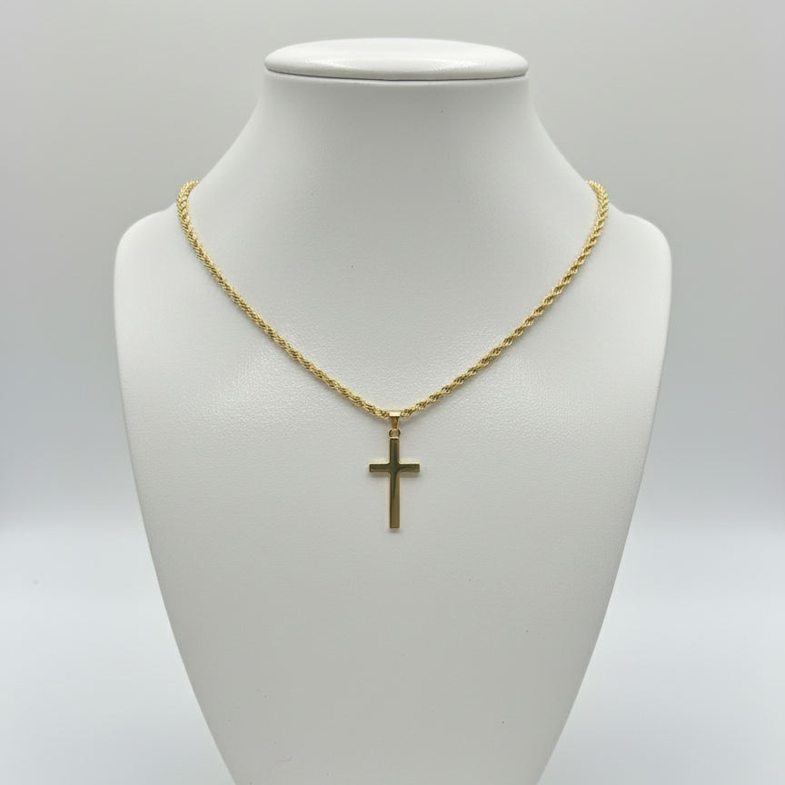 Gold Cross Necklace on White Mannequin