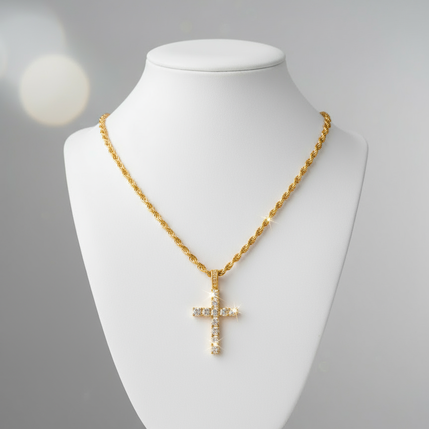 Gold diamond cross necklace with matching background