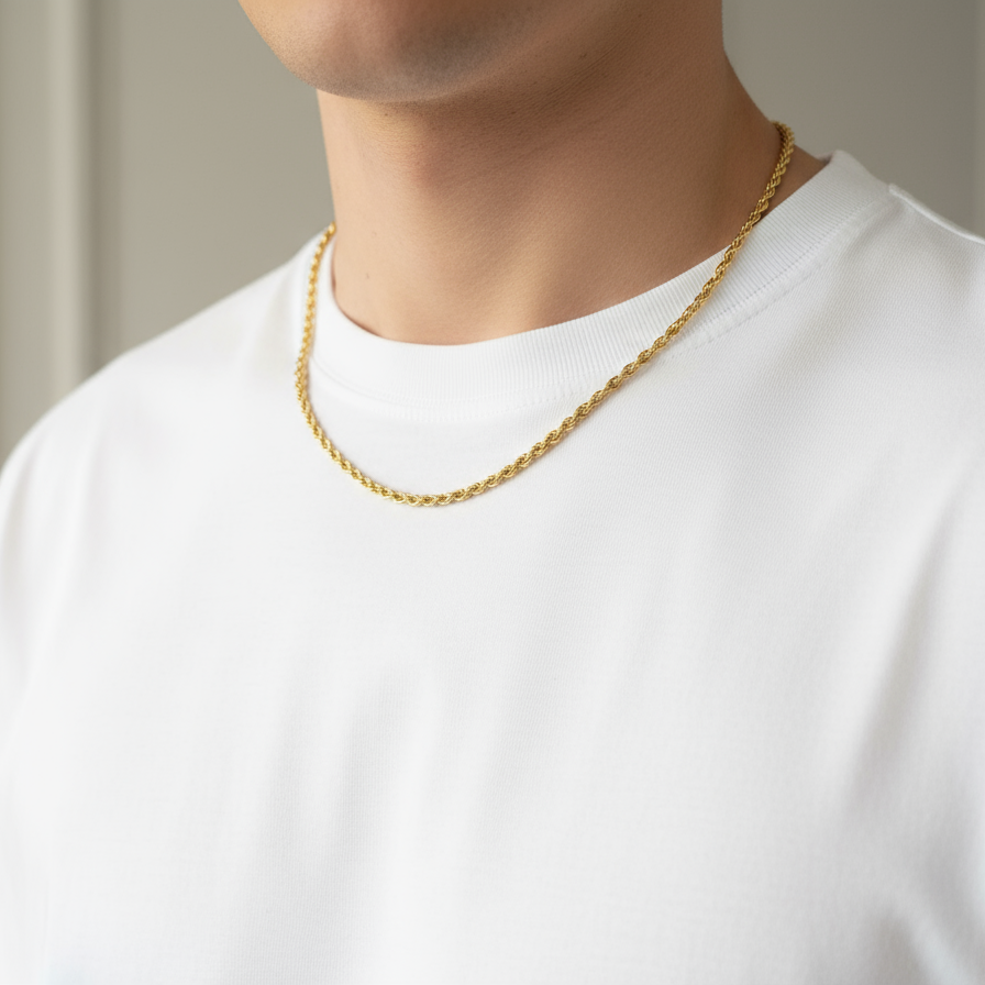 Gold rope chain necklace on white t-shirt