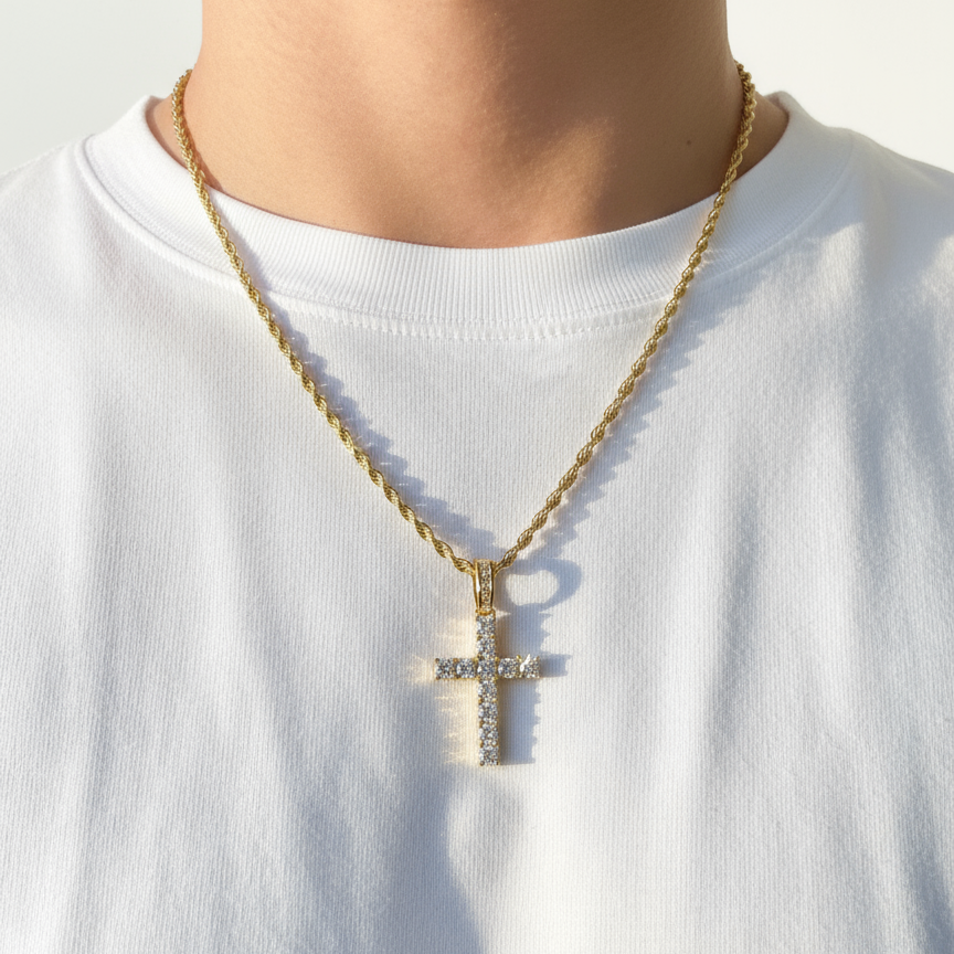 Luxurious gold diamond cross necklace on white