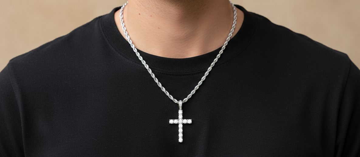 18 Inch Silver Necklace with a Diamond Cross Pendent