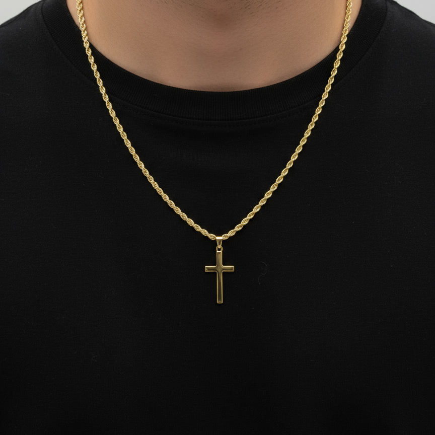 Model Wearing Gold Cross Necklace