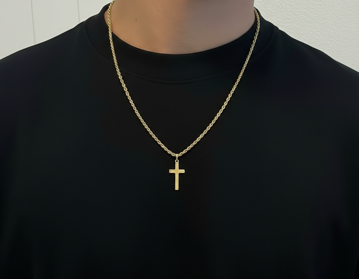 Rich Gold Cross Necklace on Black Shirt