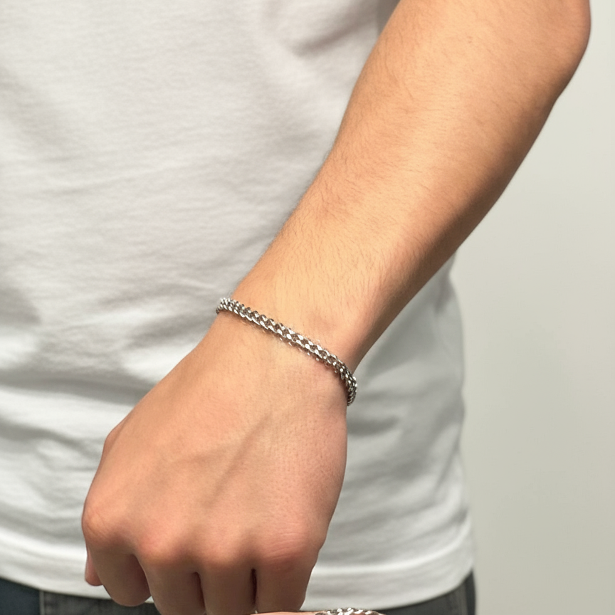 Silver Bracelet on Wrist - White Background