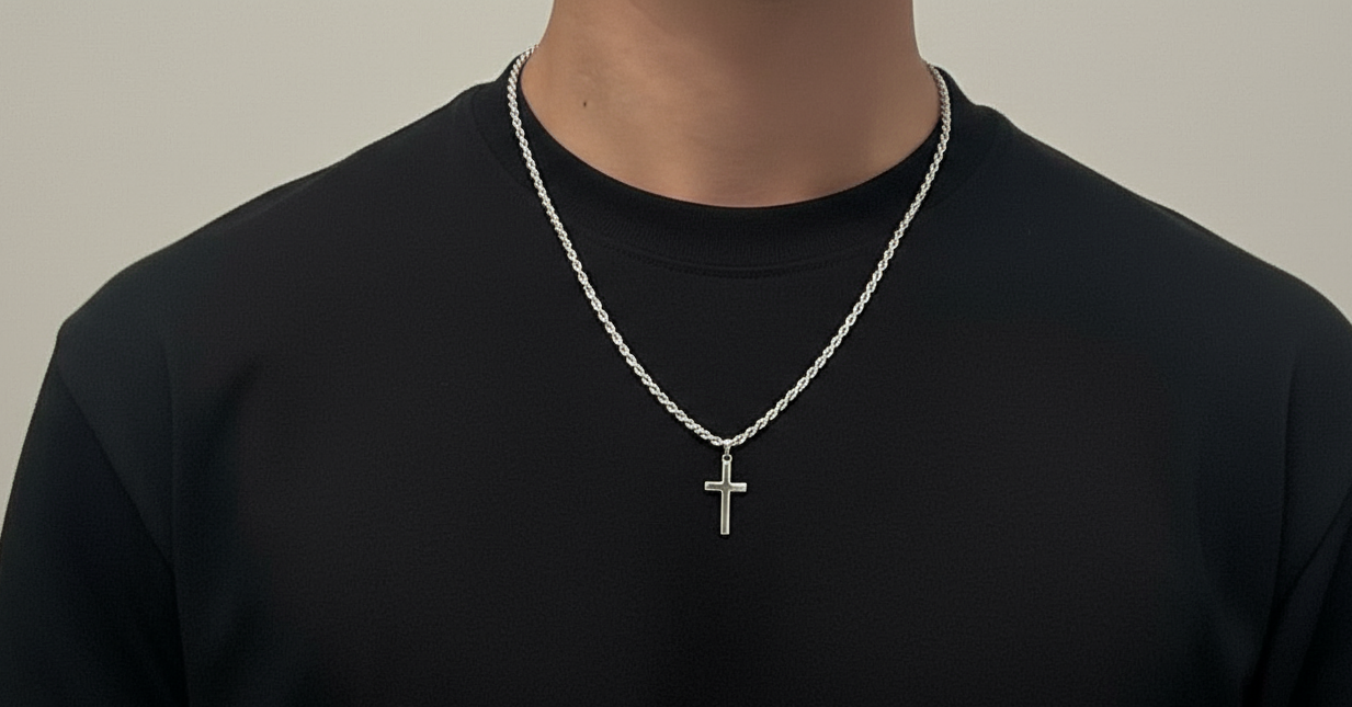 Silver Cross Necklace on Plain Black T-Shirt
