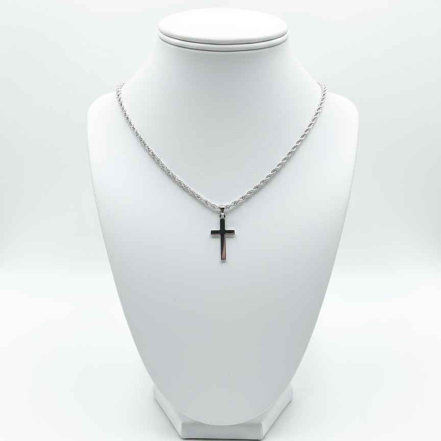 Silver Cross Necklace on White Mannequin