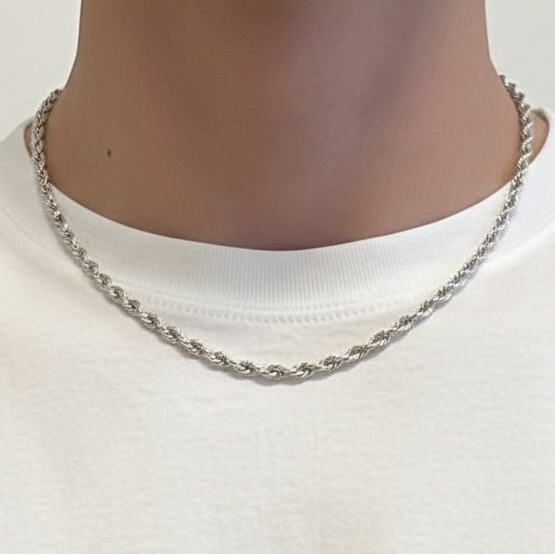 Silver Rope Chain Necklace on White T-Shirt